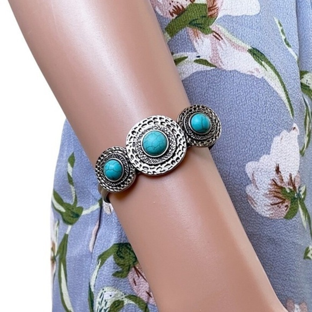 South Western Earthy Whimsy Boho Faux Silver Turquoise Cuff Bracelet